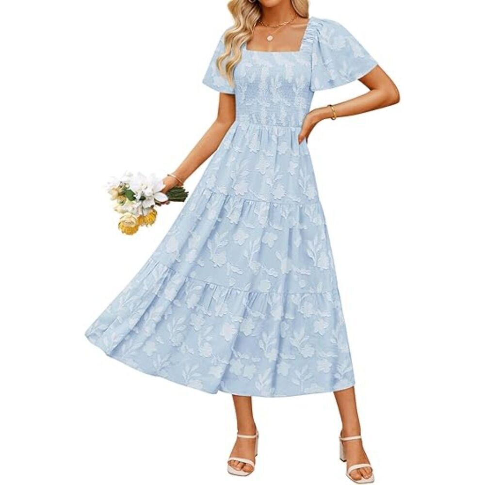 Women's Blue Square Neck A Line Short Sleeve Casual Graduation Long Dress